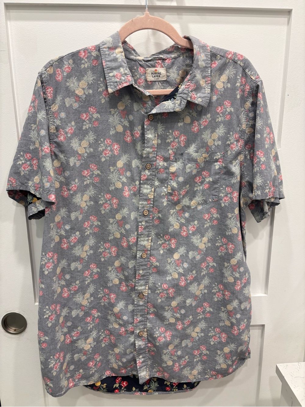 Marine Layer Gray Floral Short-Sleeve Button-Down with Pink & Cream Flowers
